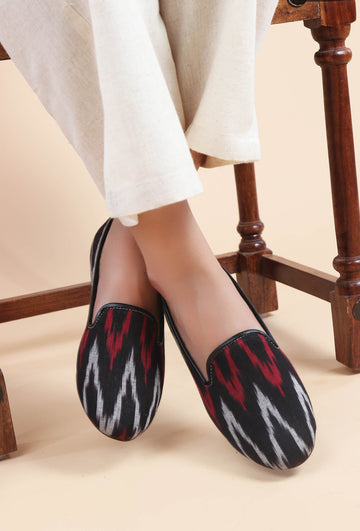 Black, Red & Grey Ikat Flat Cruelty Free Leather Ballerina